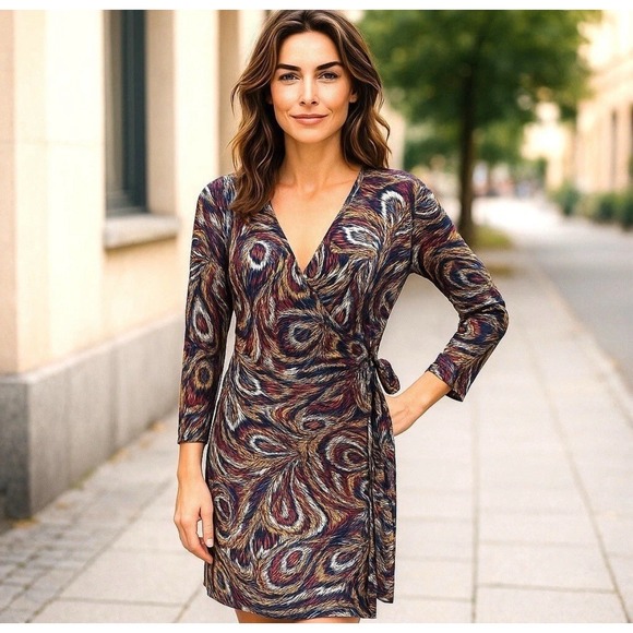 Evan Picone Dresses & Skirts - Black Label Evan Picone Feather Paisley Print Faux-Wrap Dress with Tie‎ Size 8